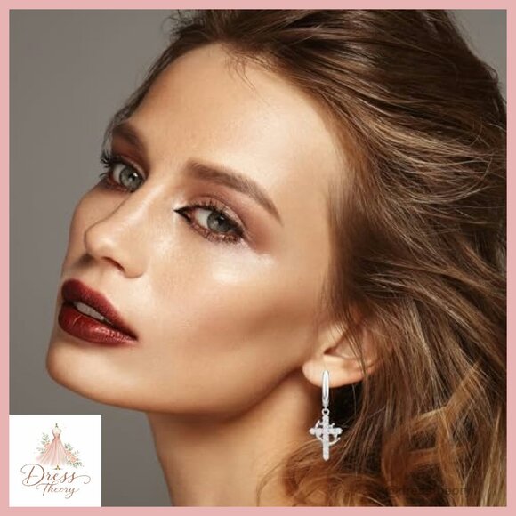 Silver Cross Dangle Earrings with Rhinestones, 360° Rotating Design - Picture 7 of 7